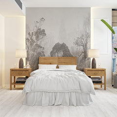 Custom Tranquil Misty Forest in Grayscale Wall Mural Wallpaper