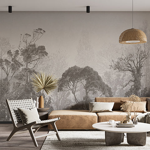 Tranquil Misty Forest in Grayscale Wall Mural Wallpaper