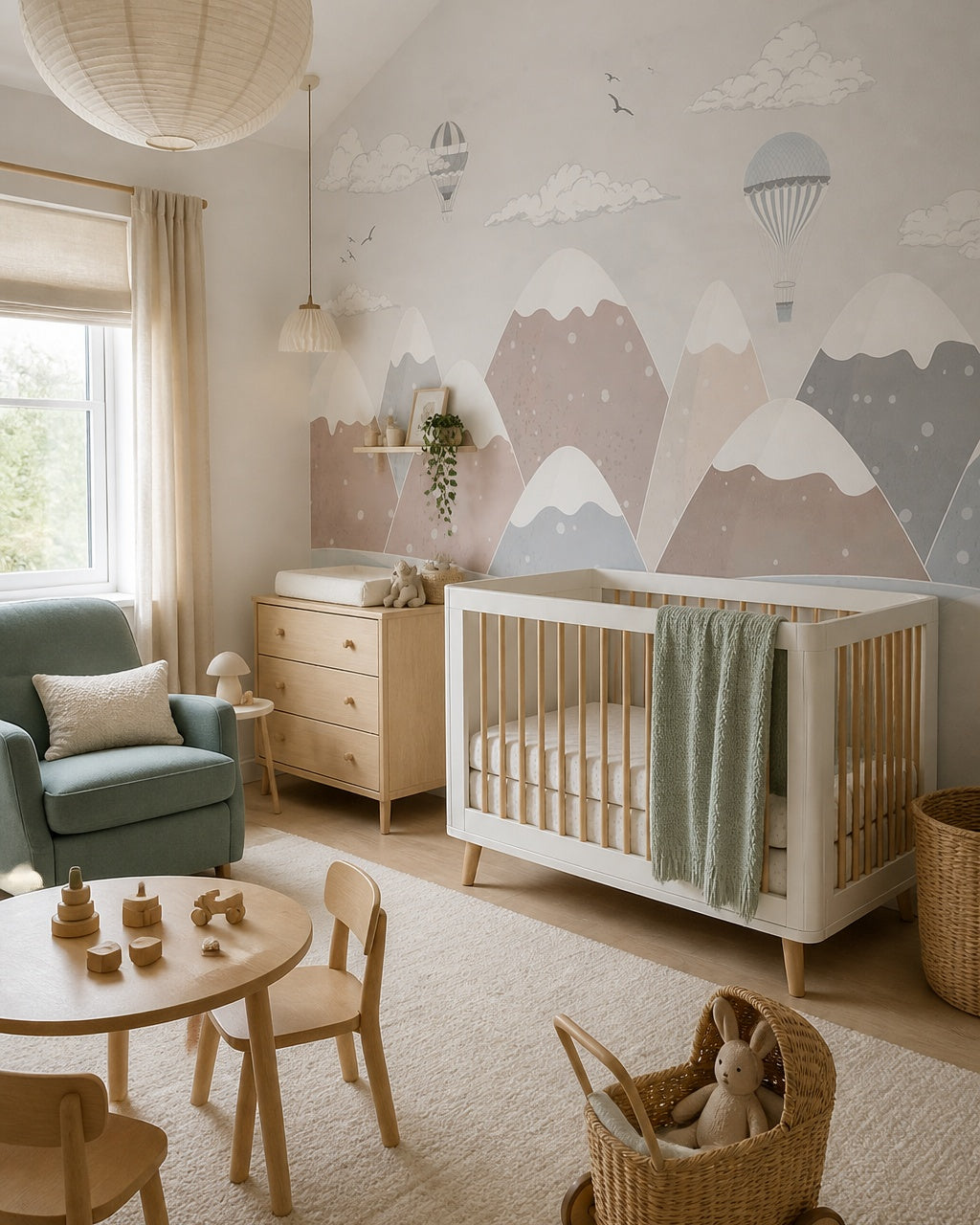 Dreamy balloons above snowy mountains nursery wallpaper in a modern nursery with a crib.