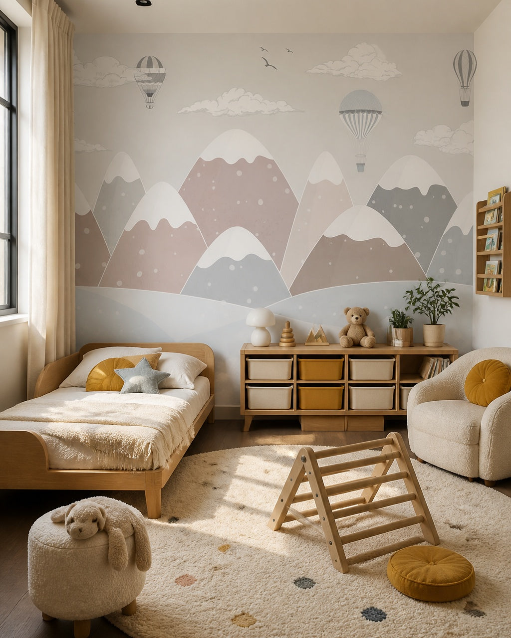 Dreamy balloons above snowy mountains nursery wallpaper in a toddler bedroom with a child-sized bed.