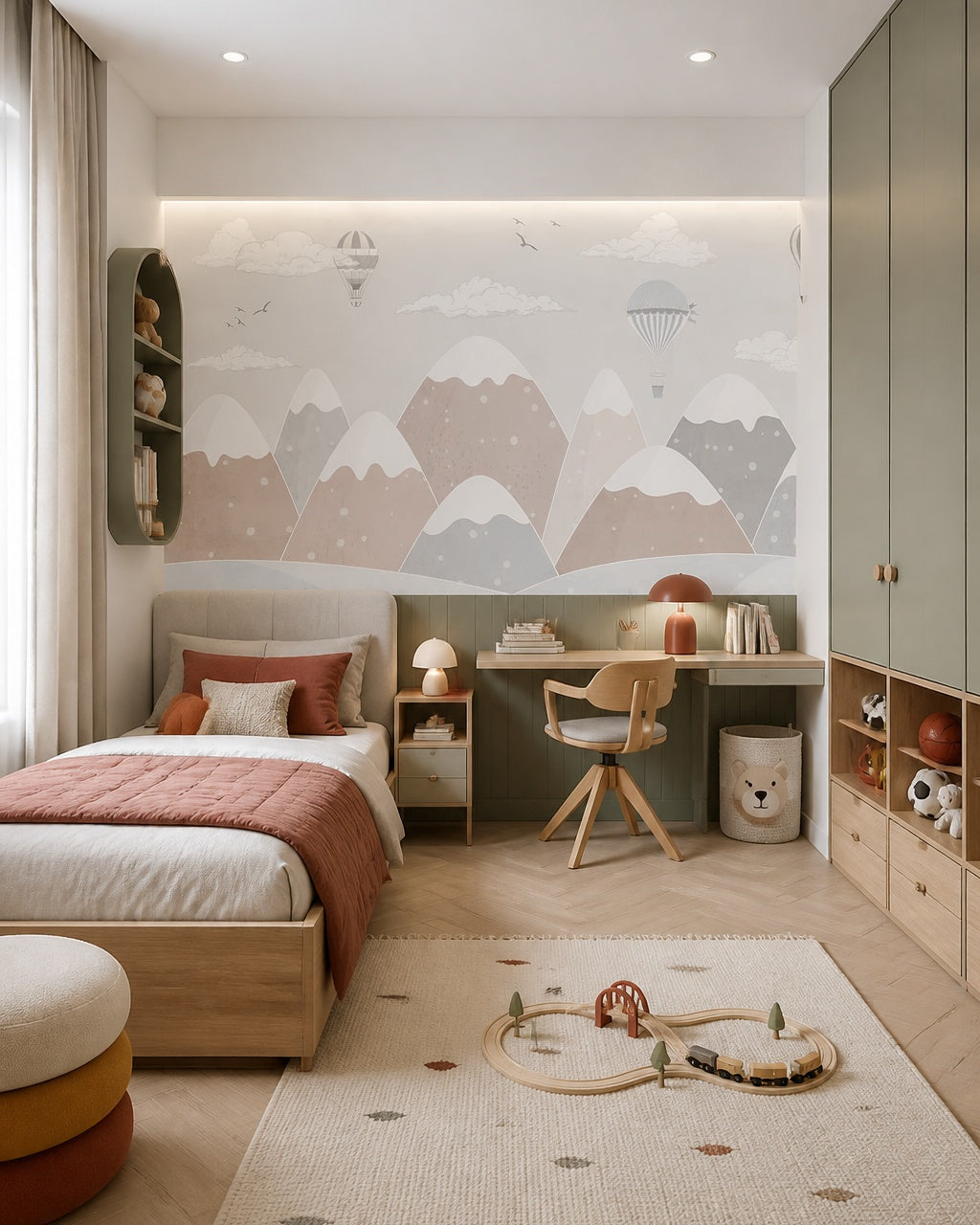 Dreamy balloons above snowy mountains nursery wallpaper in a boy’s bedroom.