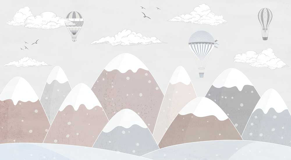 Dromerige luchtballonnen boven besneeuwde bergen babykamerbehang