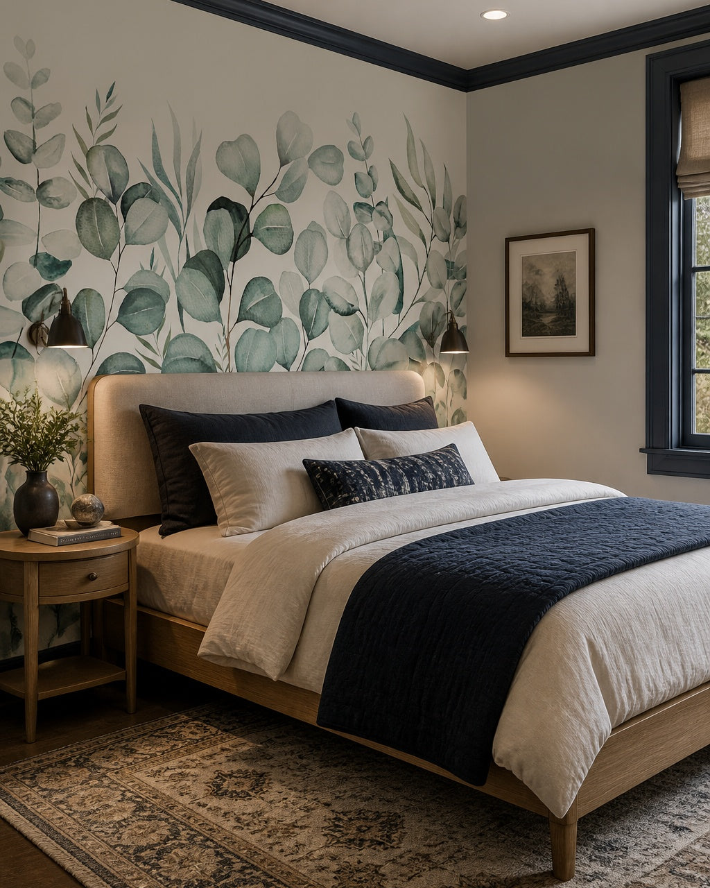 Eucalyptus leaves wallpaper in a designer bedroom.