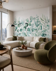 Eucalyptus leaves wallpaper in a designer living room.