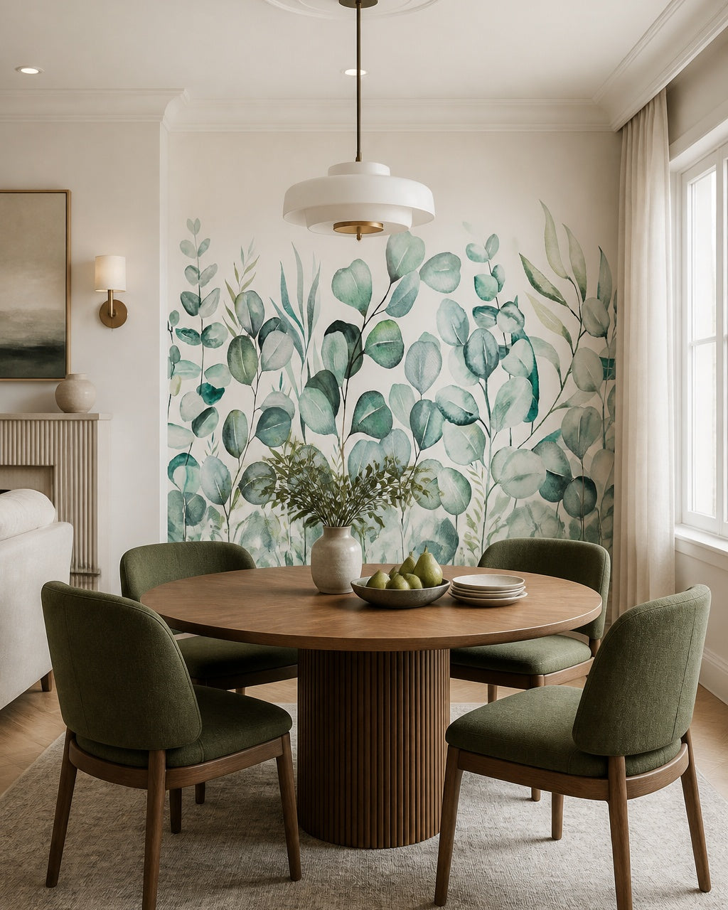 Eucalyptus leaves wallpaper in a refined dining area.