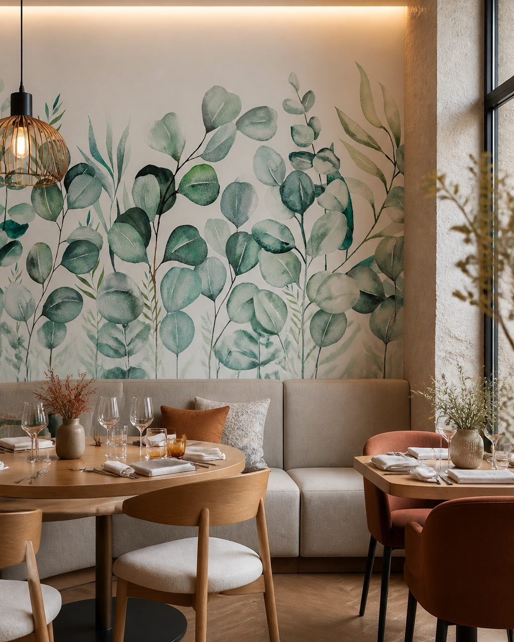 Eucalyptus leaves wallpaper in a restaurant.