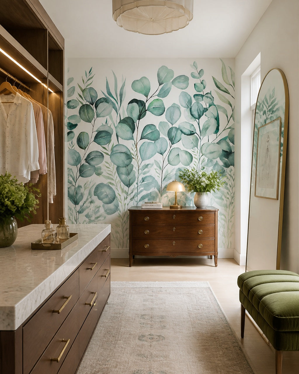 Eucalyptus leaves wallpaper in a dressing room.
