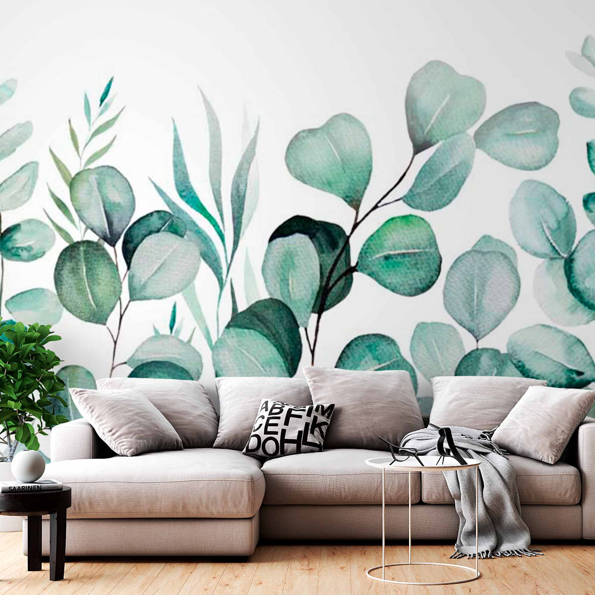 Custom Eucalyptus Leaves Botanical  Wallpaper Light Green Floral Patterned Wall Mural