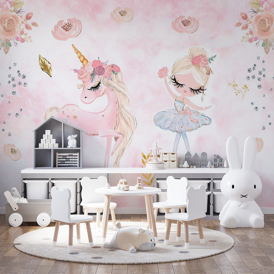 Kids Wall Mural Pink Flowers Unicorn Cute Ballet Dancer Wallpaper for Girl