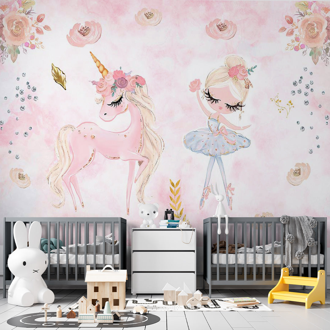 Pink watercolor nursery wallpaper with a dancing ballerina, flower-crowned unicorn, pastel roses, and golden details.