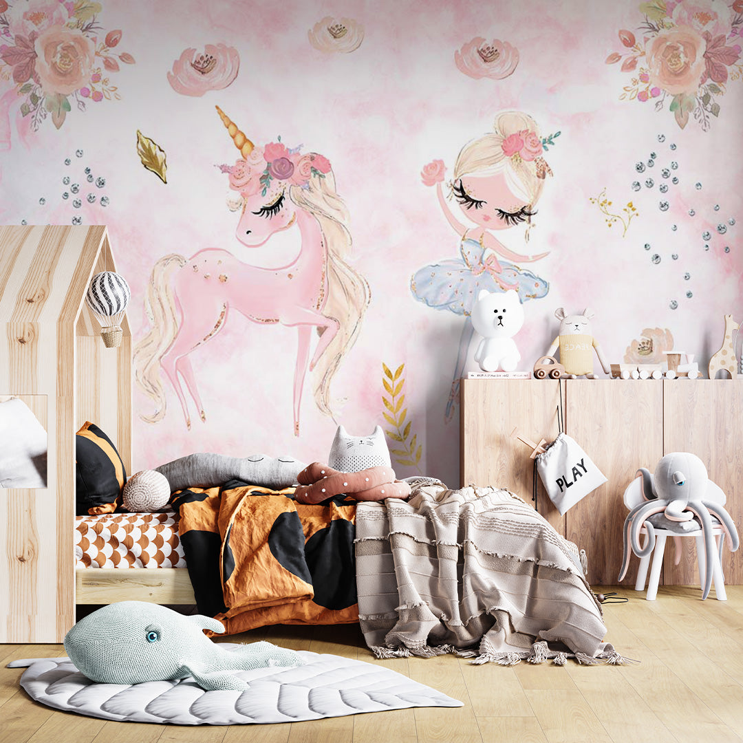 Kids Wall Mural Pink Flowers Unicorn Cute Ballet Dancer Wallpaper for Girl