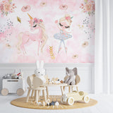 Kids Wall Mural Pink Flowers Unicorn Cute Ballet Dancer Wallpaper for Girl