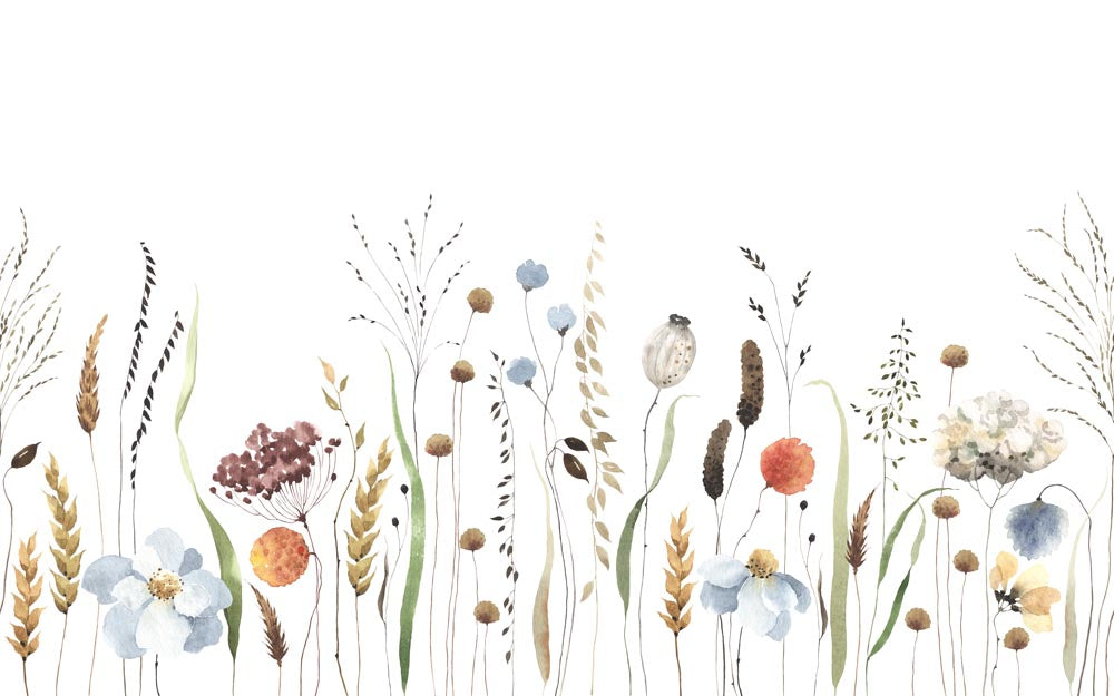 Boho Botanical Wall Mural - Watercolor Meadow Wildflowers and Grasses Wallpaper