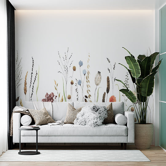 Boho Botanical Wall Mural - Watercolor Meadow Wildflowers and Grasses Wallpaper