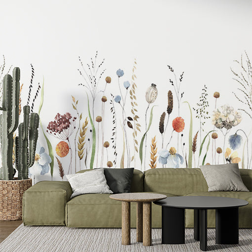 Boho Botanical Wall Mural - Watercolor Meadow Wildflowers and Grasses Wallpaper