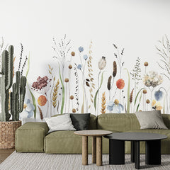 Custom Boho Botanical Wall Mural - Watercolor Meadow Wildflowers and Grasses Wallpaper
