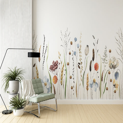 Boho Botanical Wall Mural - Watercolor Meadow Wildflowers and Grasses Wallpaper