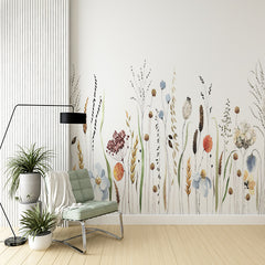 Custom Boho Botanical Wall Mural - Watercolor Meadow Wildflowers and Grasses Wallpaper