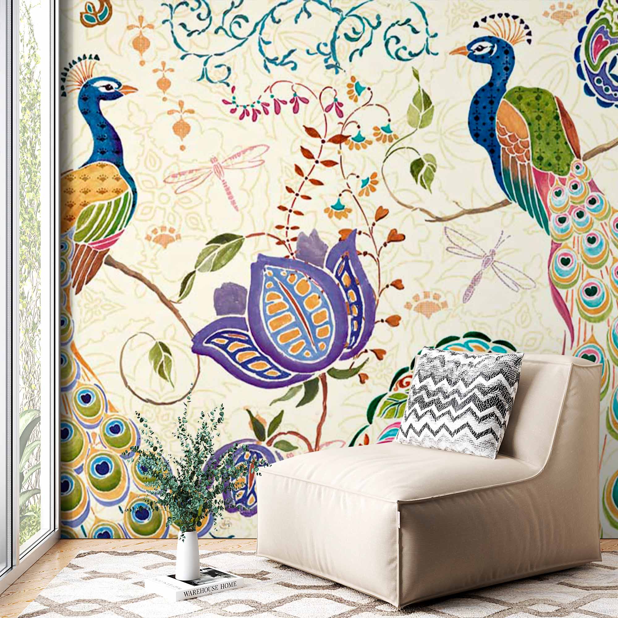 Two Peacocks in Floral Motif Wall Mural Oriental Wallpaper