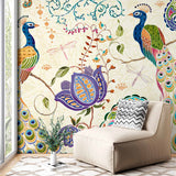 Two Peacocks in Floral Motif Wall Mural Oriental Wallpaper