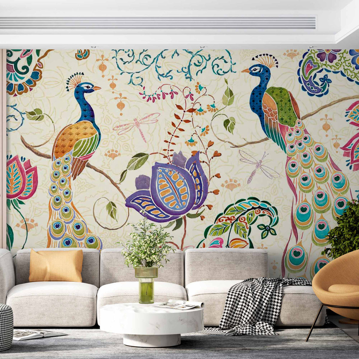 Two Peacocks in Floral Motif Wall Mural Oriental Wallpaper