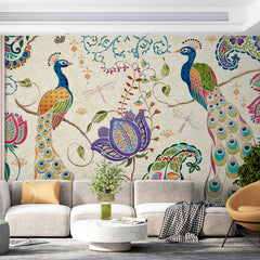 Custom Peacocks in Floral Motif Wall Mural Oriental Wallpaper