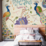 Two Peacocks in Floral Motif Wall Mural Oriental Wallpaper