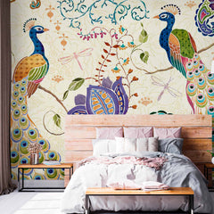 Custom Peacocks in Floral Motif Wall Mural Oriental Wallpaper