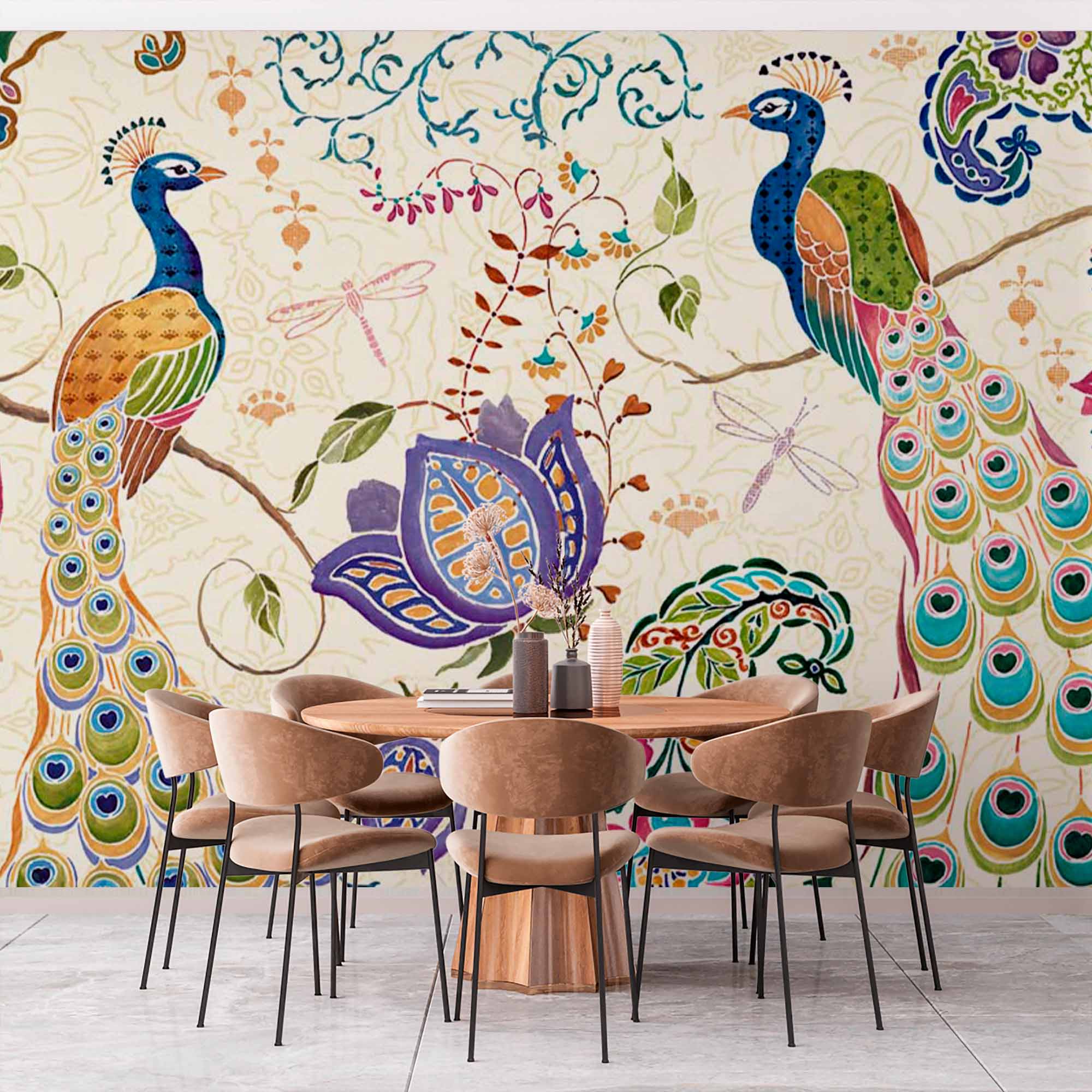 Two Peacocks in Floral Motif Wall Mural Oriental Wallpaper