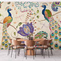 Custom Peacocks in Floral Motif Wall Mural Oriental Wallpaper
