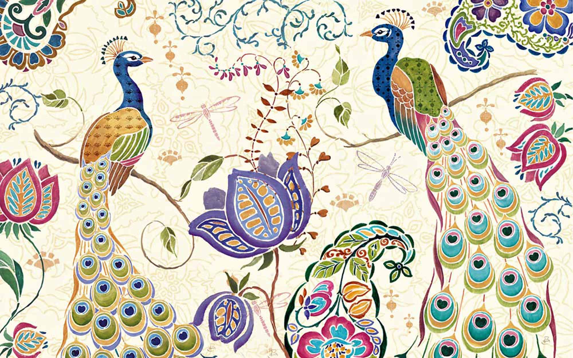 Two Peacocks in Floral Motif Wall Mural Oriental Wallpaper