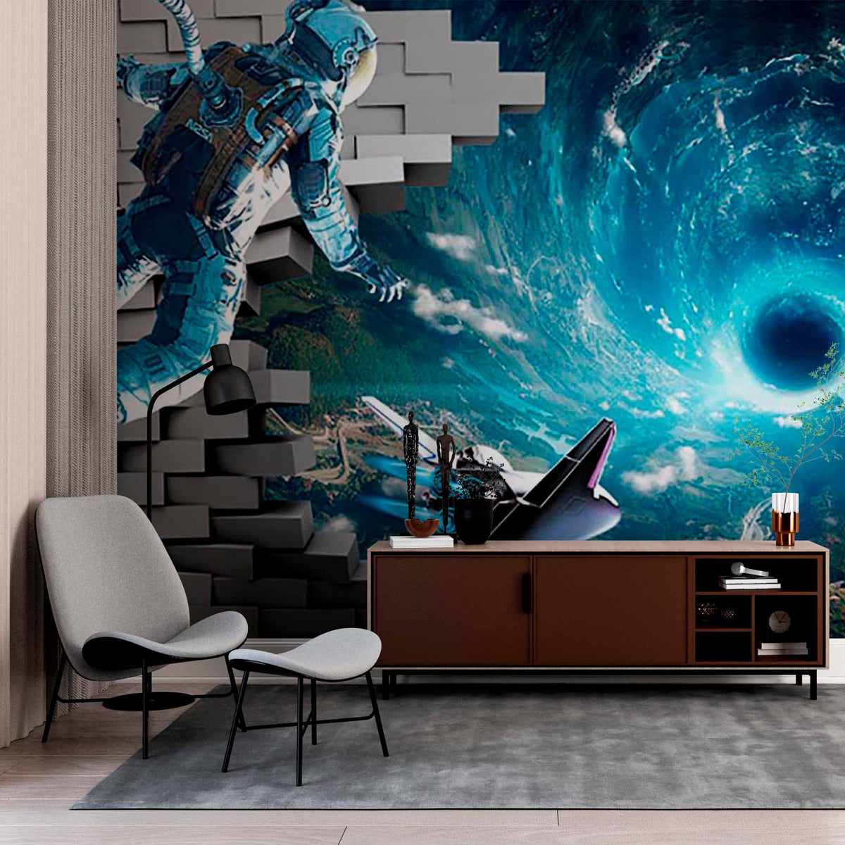 3D Astronaut Wall Mural Wallpaper - Breaking Through to a Cosmic Vortex Adventure