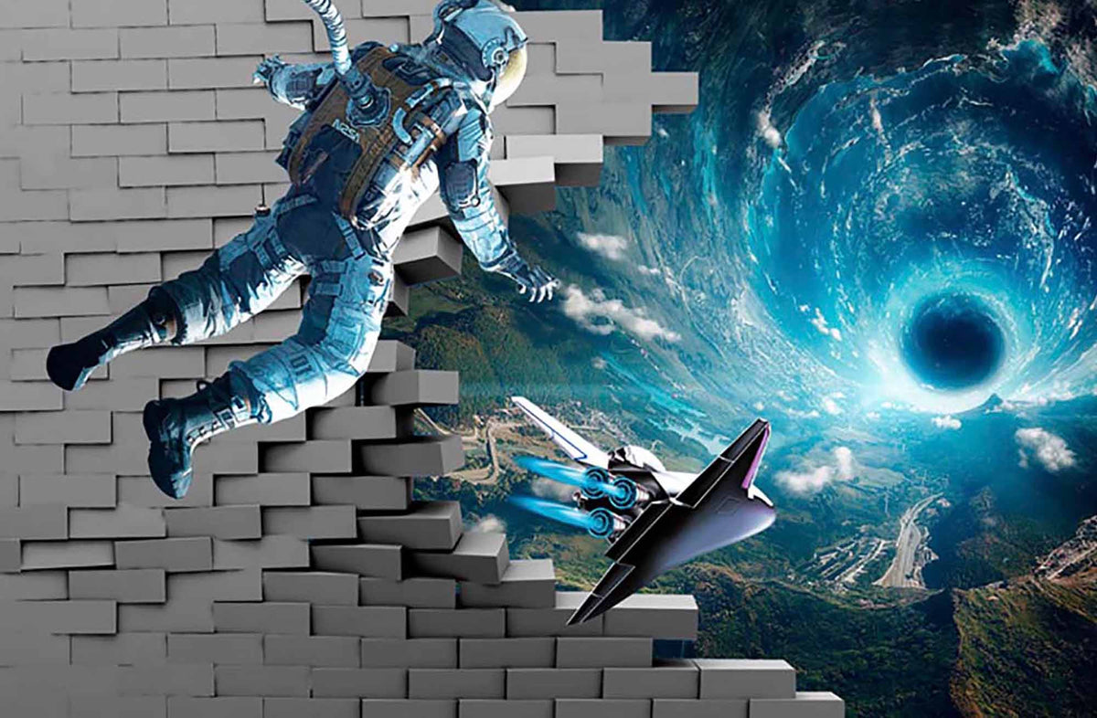 3D Astronaut Breaking Wall Wallpaper – Cosmic Vortex Brick Wall Mural