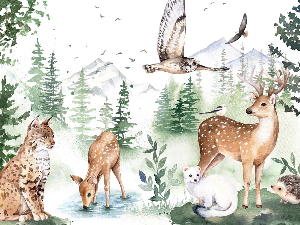 Kids Wall Mural Watercolor Forest Animals Wallpaper for Kids Room