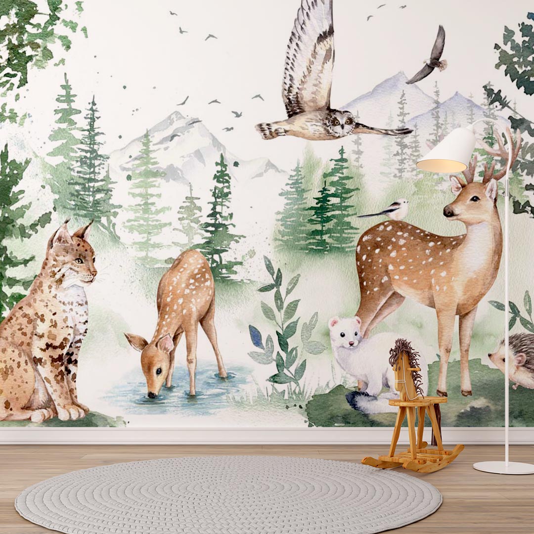 Kids Wall Mural Watercolor Forest Animals Wallpaper for Kids Room