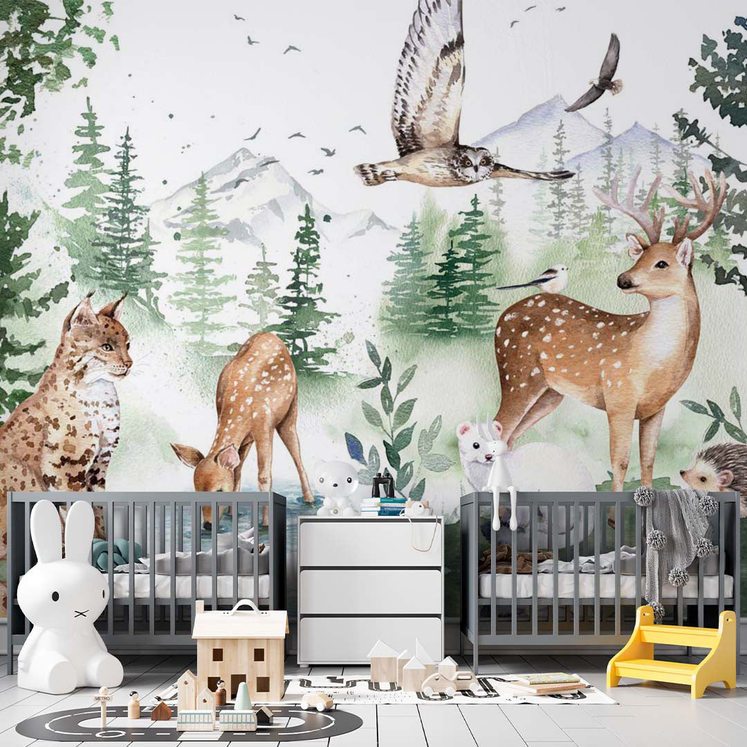 Kids Wall Mural Watercolor Forest Animals Wallpaper for Kids Room