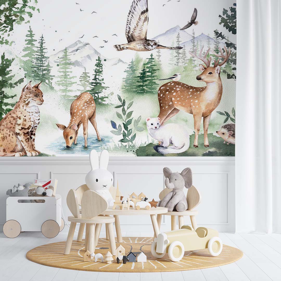 Kids Wall Mural Watercolor Forest Animals Wallpaper for Kids Room