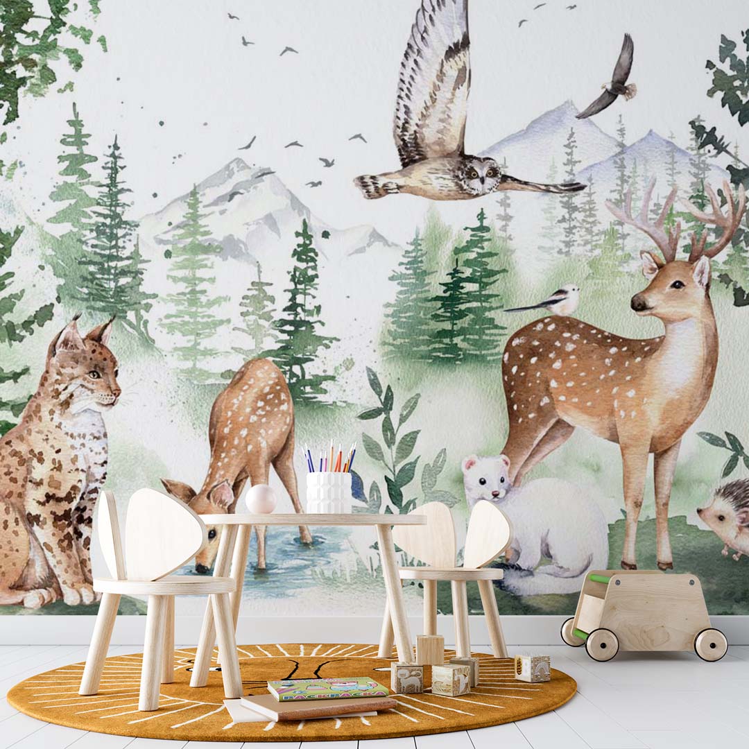 Kids Wall Mural Watercolor Forest Animals Wallpaper for Kids Room