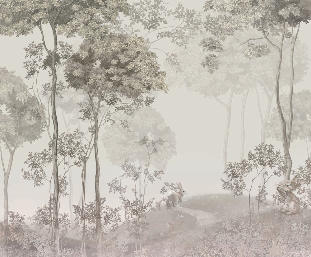 Saliegroen nevelig bos behang – aquarel bomen landschap fotobehang
