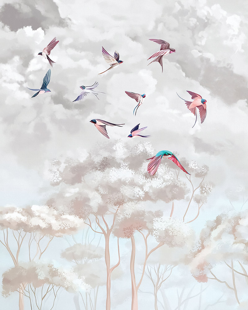 Vliegende vogels en wolken behang – pastel zwaluwen hemel fotobehang