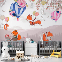 Custom Kids Wall Mural Bright Cartoon Animals Fox Rabbits Air Balloons Nursery Wallpaper