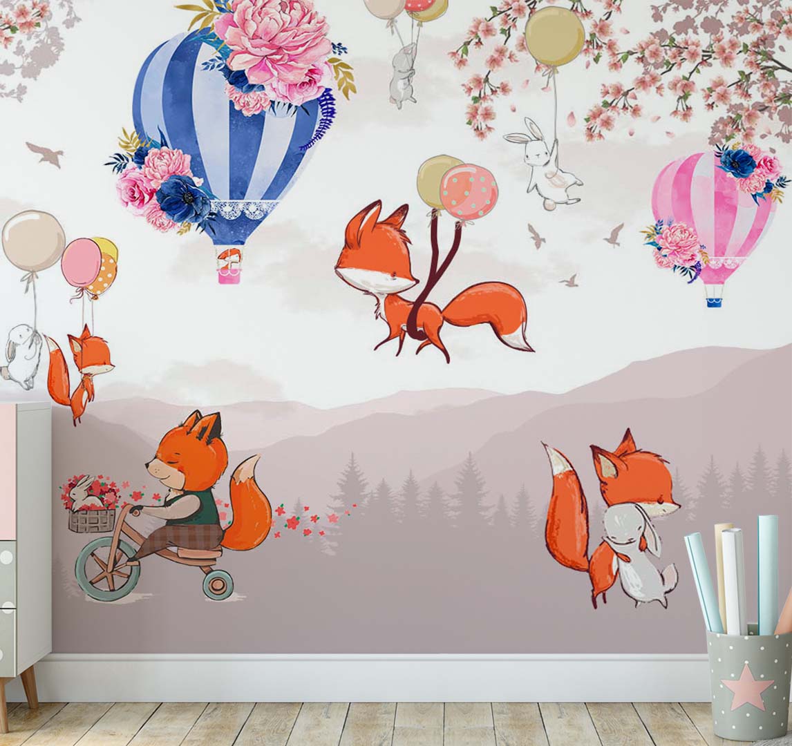 Custom Kids Wall Mural Bright Cartoon Animals Fox Rabbits Air Balloons Nursery Wallpaper