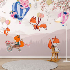 Custom Kids Wall Mural Bright Cartoon Animals Fox Rabbits Air Balloons Nursery Wallpaper