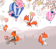 Custom Kids Wall Mural Bright Cartoon Animals Fox Rabbits Air Balloons Nursery Wallpaper