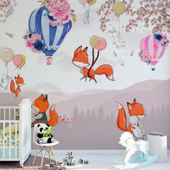 Custom Kids Wall Mural Bright Cartoon Animals Fox Rabbits Air Balloons Nursery Wallpaper