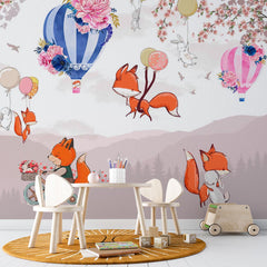 Custom Kids Wall Mural Bright Cartoon Animals Fox Rabbits Air Balloons Nursery Wallpaper