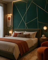 Gold lines on emerald wallpaper in a designer bedroom.