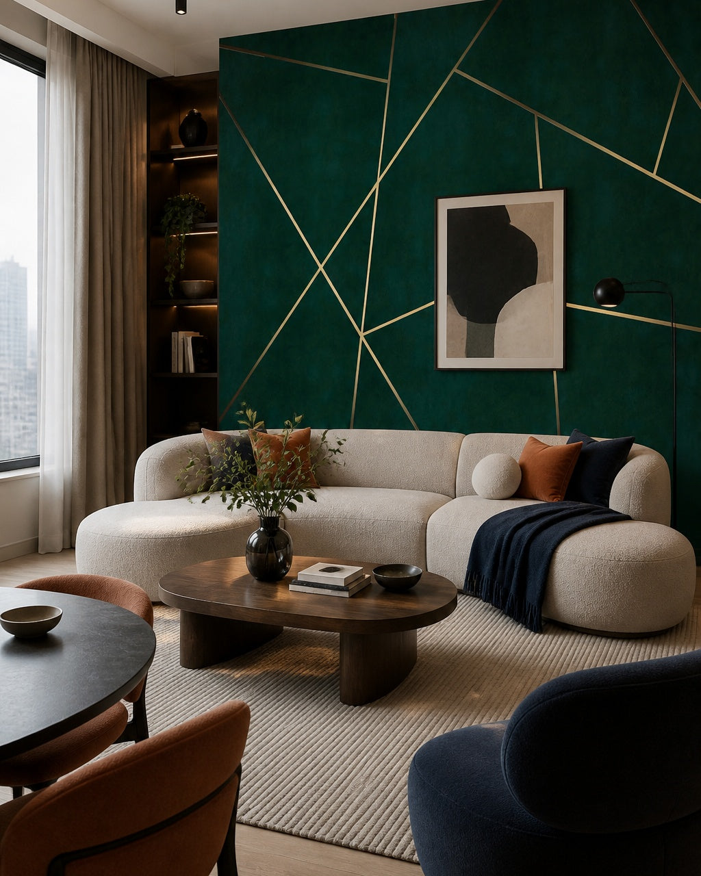Gold lines on emerald wallpaper in a designer living room.
