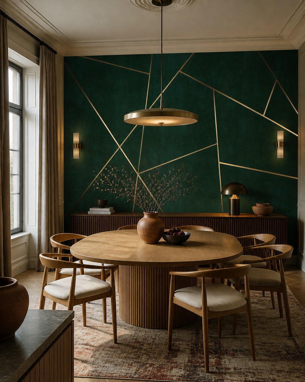 Gold lines on emerald wallpaper in a refined dining area.