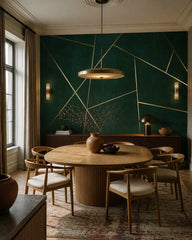 Gold lines on emerald wallpaper in a refined dining area.